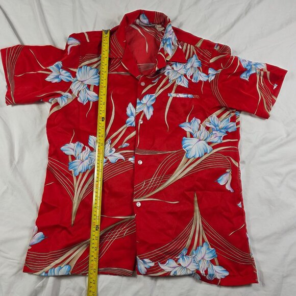 Vintage Waltah Clarks Mens Large Red Blue Floral Button Up Hawaiian Shirt Casual - Picture 7 of 8